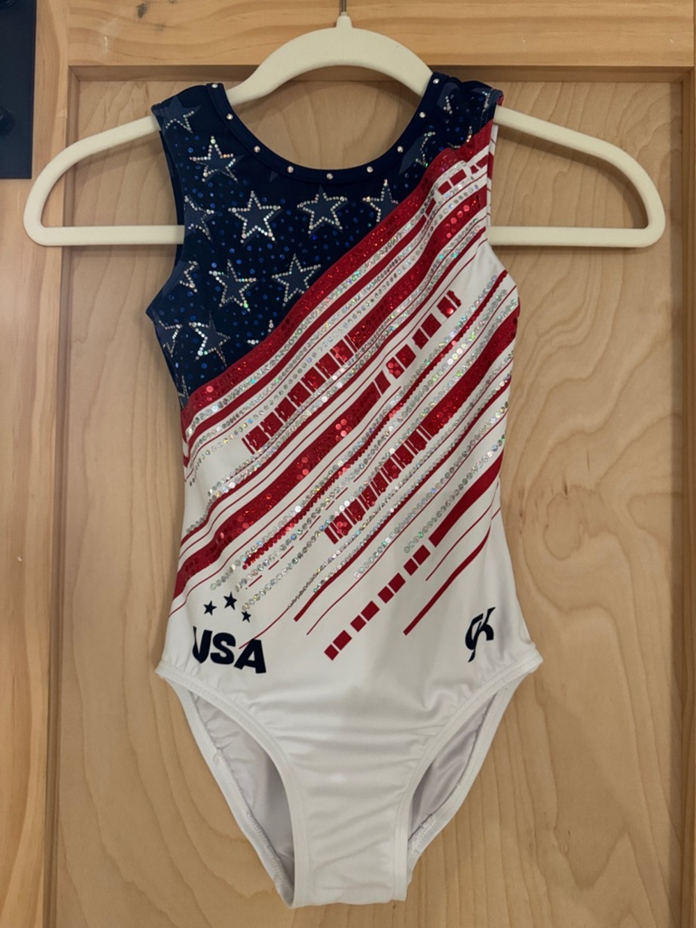 GK Fully Lined Navy, Red & White Sequin USA Gymnastics Leotard, excellent cond.